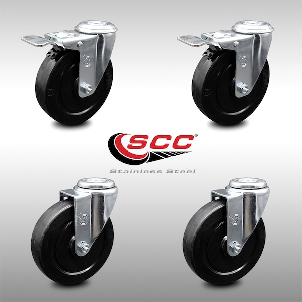 5 Inch SS Soft Rubber Swivel Bolt Hole Caster Set with 2 Total Lock Brake SCC